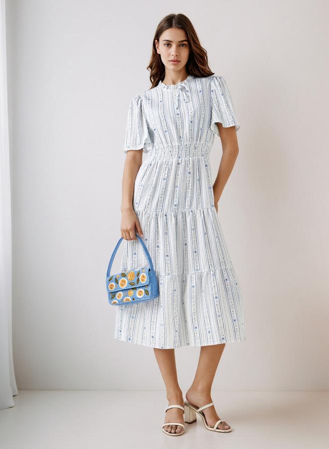 Splash FAV Tiered Midi Textured Viscose Dress with Flutter Sleeves - Image 1