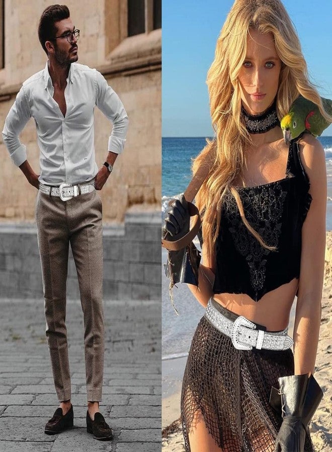 UnFader Womens Men Rhinestone Western Belts Bling Cowgirl Designer Diamond Studded Belts for Jeans (A-White, M for waist size 28"-32") - Image 4