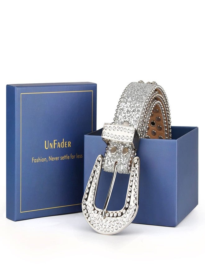 UnFader Womens Men Rhinestone Western Belts Bling Cowgirl Designer Diamond Studded Belts for Jeans (A-White, M for waist size 28"-32") - Image 3