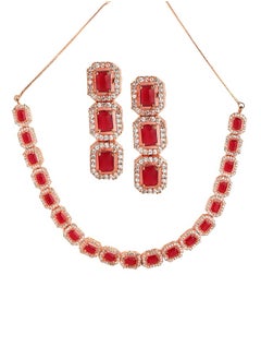 Just Peachy Just Peachy Gold-Plated Red & White Stone-Studded Jewellery Set – Stunning Necklace & Earrings for Weddings, Parties, and Special Occasions with Elegant Red and White Stones  - Image 1