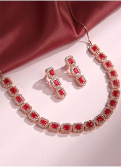 Just Peachy Just Peachy Gold-Plated Red & White Stone-Studded Jewellery Set – Stunning Necklace & Earrings for Weddings, Parties, and Special Occasions with Elegant Red and White Stones  - Image 3