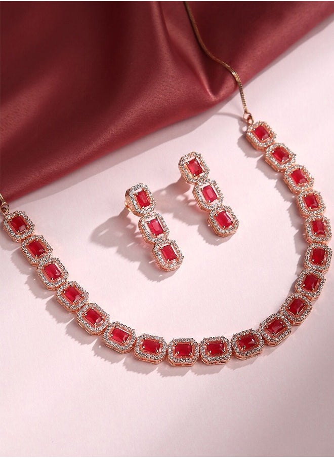 Just Peachy Just Peachy Gold-Plated Red & White Stone-Studded Jewellery Set – Stunning Necklace & Earrings for Weddings, Parties, and Special Occasions with Elegant Red and White Stones  - Image 3