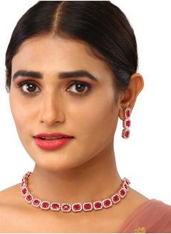 Just Peachy Just Peachy Gold-Plated Red & White Stone-Studded Jewellery Set – Stunning Necklace & Earrings for Weddings, Parties, and Special Occasions with Elegant Red and White Stones  - Image 2