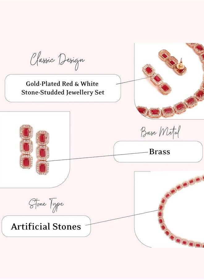 Just Peachy Just Peachy Gold-Plated Red & White Stone-Studded Jewellery Set – Stunning Necklace & Earrings for Weddings, Parties, and Special Occasions with Elegant Red and White Stones  - Image 4