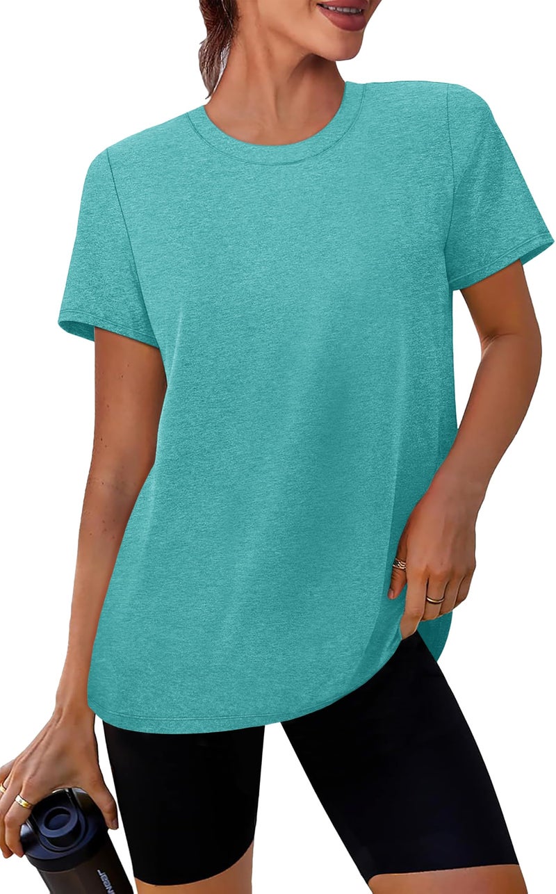 NIASHOT Workout Tops for Women Fitness Clothing Womens Clothes Pilates Outfits Fashion Activewear Summer Yoga Running Shirts Aqua XL - Image 1
