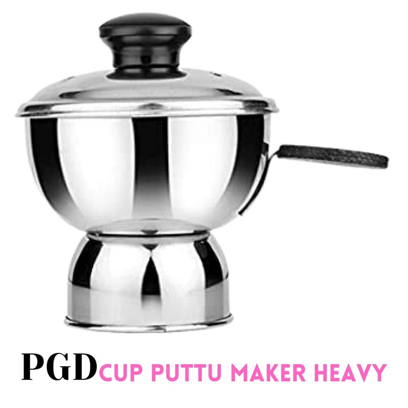 PGD Chiratta Cup Puttu Maker Heavy Food Grade High Gauge Stainless Steel Steamer with Steamer Plate Bakelite lid knob Brass Vent and Black Plastic Handle to use with Pressure Cooker Top Plain Silver - Image 2