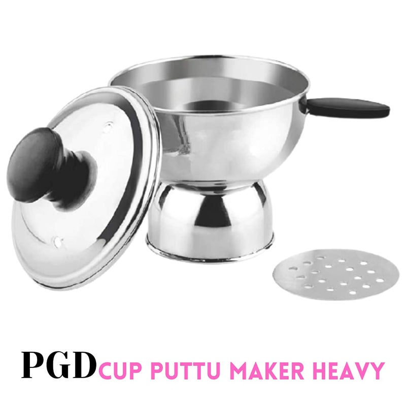 PGD Chiratta Cup Puttu Maker Heavy Food Grade High Gauge Stainless Steel Steamer with Steamer Plate Bakelite lid knob Brass Vent and Black Plastic Handle to use with Pressure Cooker Top Plain Silver - Image 3