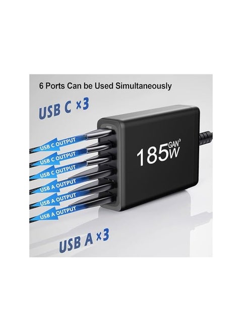 Usb C Charger 185W Gan Fast Charger Adapter Multi Function 6 In 1 Pd Qc 3.0 Uk Plug Usb Desktop Charging Station For Mac Book Laptops I Phone I Pad Smartwatch Smartphone Switch Etc