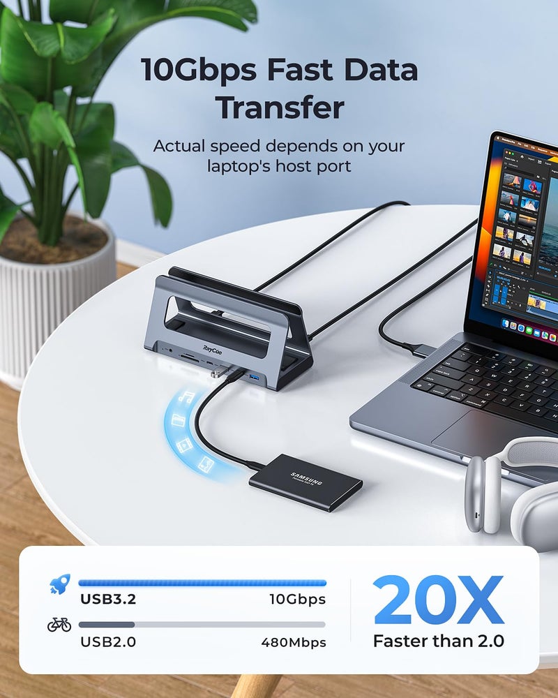 RayCue USB-C Docking Station for MacBook Pro/Air, Dual HDMI, USB-C Dock with 10Gbps, PD3.0, RJ45, 2xUSB 3.0, 2xUSB 2.0, SD/TF, Audio - Image 3