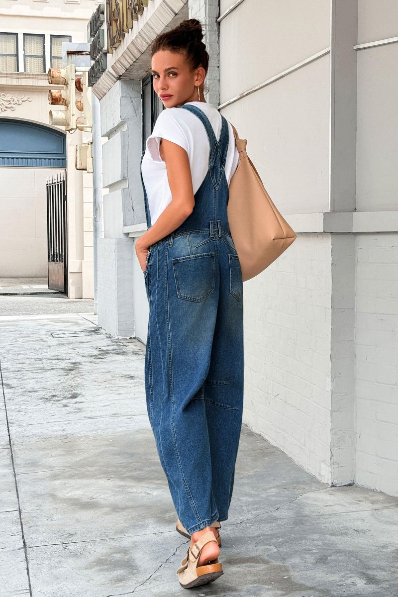 PLNOTME Women's Denim Bib Overalls Barrel Leg Adjustable Strap Jean Pants Jumpsuits with Pockets - Image 3