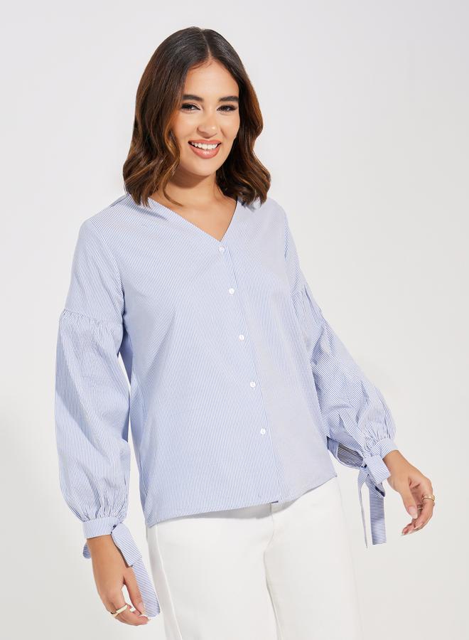 Styli Striped V Neck Blouse with Tie-Cuff Sleeves  - Image 1