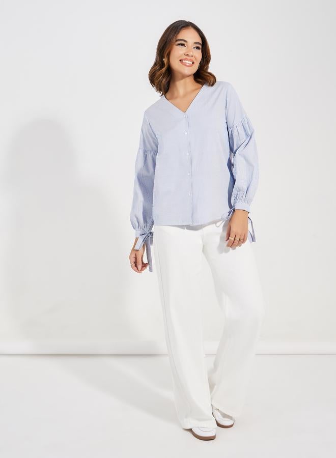 Styli Striped V Neck Blouse with Tie-Cuff Sleeves  - Image 2