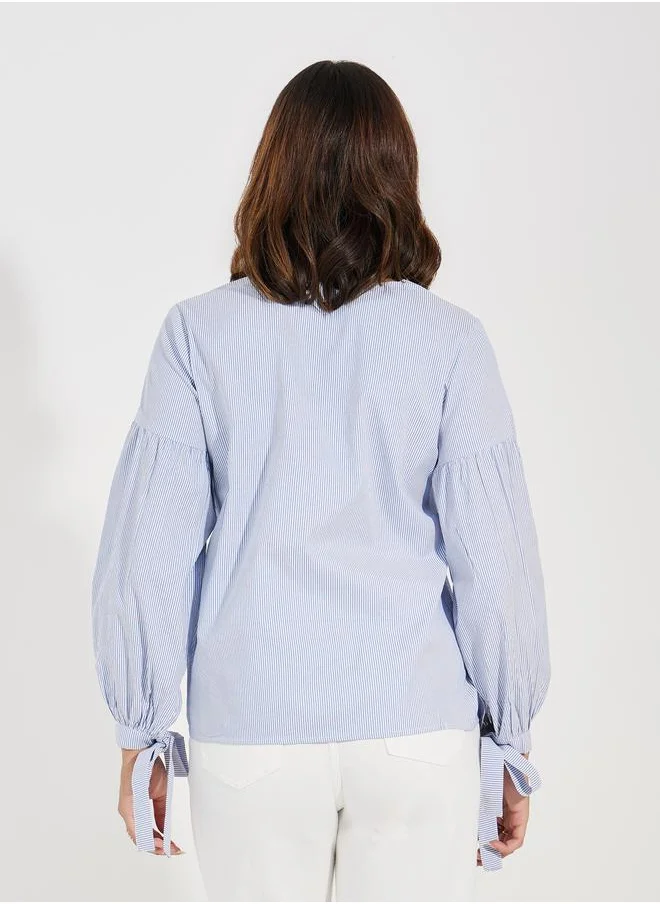 ستايلي Striped V Neck Blouse with Tie-Cuff Sleeves