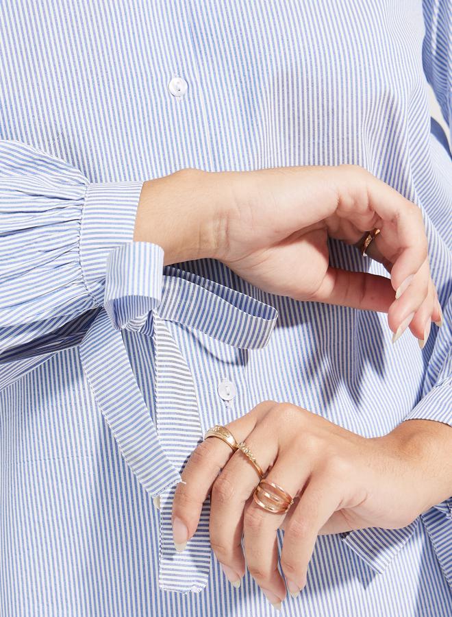 Styli Striped V Neck Blouse with Tie-Cuff Sleeves  - Image 3