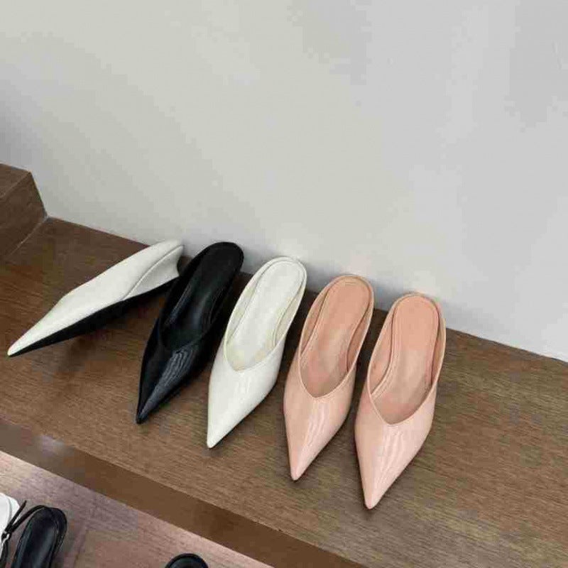 Pointed Wedge Slimming V-Mouth Baotou Half Slippers All-Match Western Style Outer Wearing Soft Bottom Rear - Image 2