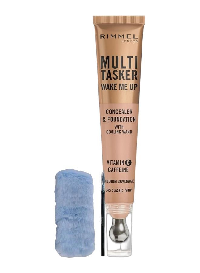ريميل لندن فاونديشن وكونسيلر مالتي تاسكر ويك مي أب - 045 كلاسيك آيفوري، 20 مل + عصابة رأس زرقاء وفرشاة حواجب - Image 1