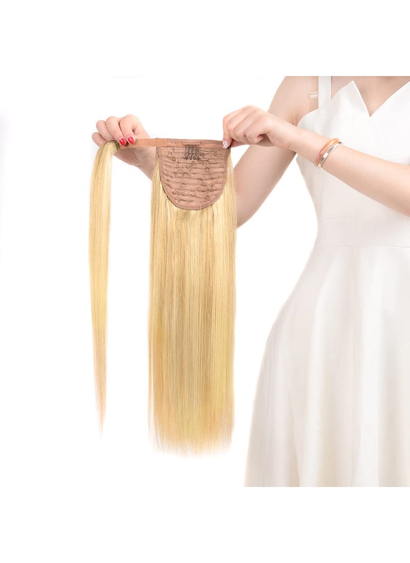 Winsky - Winsky 16 Human Hair Ponytail Extension Wrap Around  Brown Highlight Blonde Straight Pony Tail Real 100 Real Remy Hair Piece 16 Inch 18613 80gram - Image 1