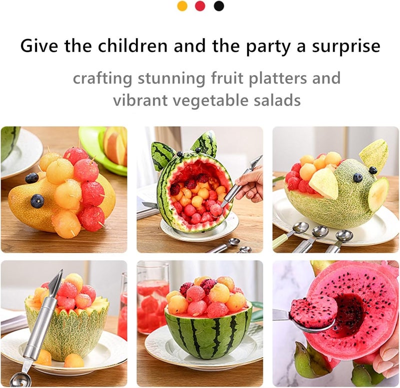 DAECHAO 5 Pcs Stainless Steel Fruit Carving Knife Set, Kitchen Fruit Carving Knife, Watermelon and Ice Cream Scoop, 2-in-1 Dig Pulp Separator Fruit Peeling Tool, Crinkle Knife and Lemon Zester Grater - Image 3