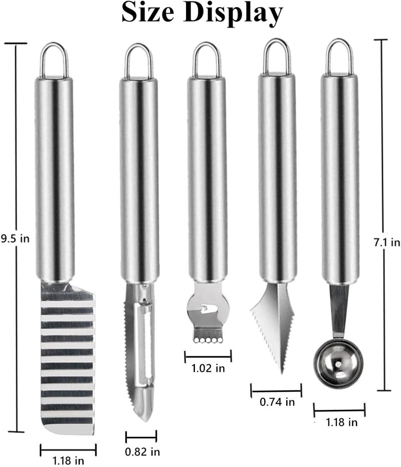 DAECHAO 5 Pcs Stainless Steel Fruit Carving Knife Set, Kitchen Fruit Carving Knife, Watermelon and Ice Cream Scoop, 2-in-1 Dig Pulp Separator Fruit Peeling Tool, Crinkle Knife and Lemon Zester Grater - Image 2