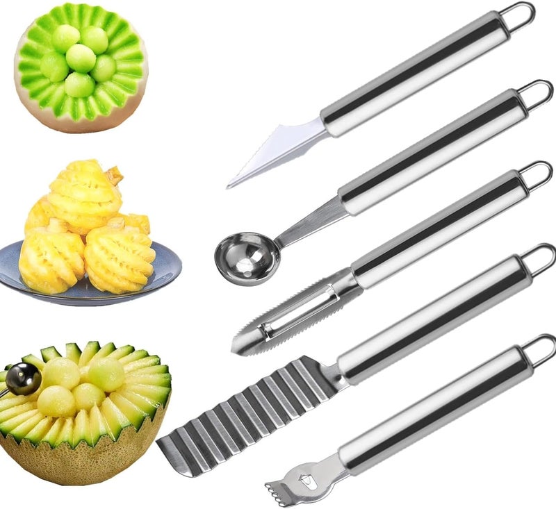 DAECHAO 5 Pcs Stainless Steel Fruit Carving Knife Set, Kitchen Fruit Carving Knife, Watermelon and Ice Cream Scoop, 2-in-1 Dig Pulp Separator Fruit Peeling Tool, Crinkle Knife and Lemon Zester Grater - Image 1