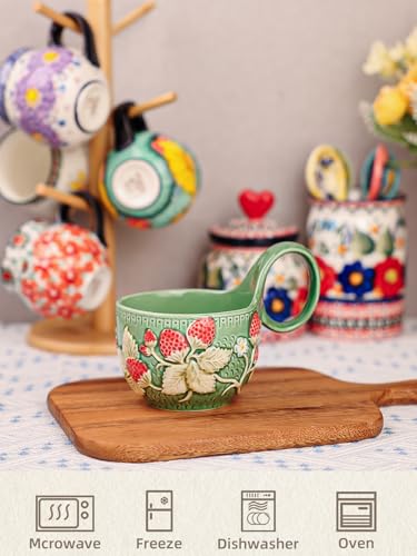 silesia Handmade Ceramic Soup Bowl with Loop Handle, Hand-Painted Coffee Mug,13 oz Cereal Cup for Milk,Oatmeal, or Cocoa, Dishwasher & Microwave Safe (Strawberry) - Image 3