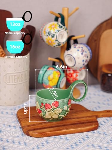 silesia Handmade Ceramic Soup Bowl with Loop Handle, Hand-Painted Coffee Mug,13 oz Cereal Cup for Milk,Oatmeal, or Cocoa, Dishwasher & Microwave Safe (Strawberry) - Image 2