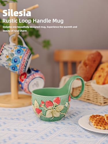 silesia Handmade Ceramic Soup Bowl with Loop Handle, Hand-Painted Coffee Mug,13 oz Cereal Cup for Milk,Oatmeal, or Cocoa, Dishwasher & Microwave Safe (Strawberry) - Image 4
