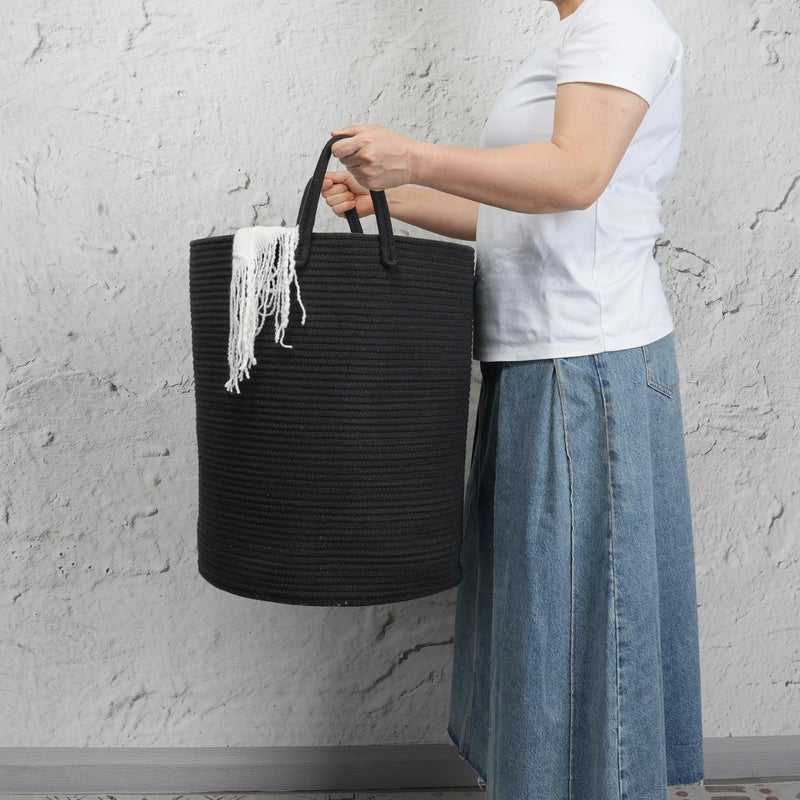 JUNBOLE Woven Cotton Rope Laundry basket-15â€X20â€ Laundry Hamper-Rope Storage Basket for Dirty Clothes, Toys and Blankets Perfect for Bathroom, Baby nursery and Living Room Storage (black) - Image 3