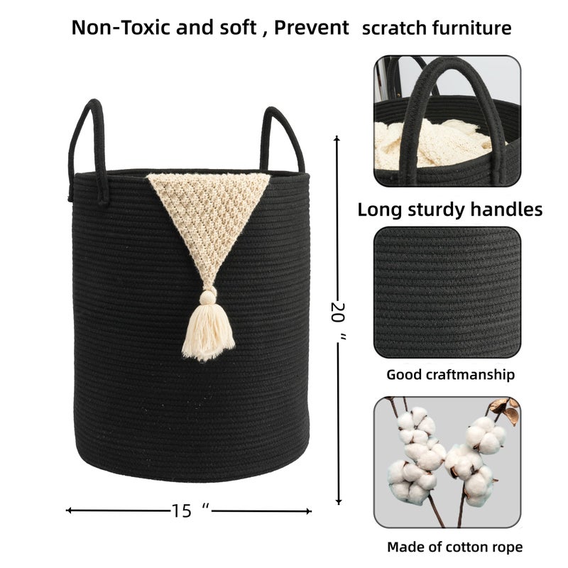 JUNBOLE Woven Cotton Rope Laundry basket-15â€X20â€ Laundry Hamper-Rope Storage Basket for Dirty Clothes, Toys and Blankets Perfect for Bathroom, Baby nursery and Living Room Storage (black) - Image 2