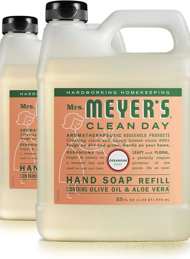 Mrs. Meyer's CLEAN DAY Hand Soap Refill, Made with Essential Oils, Biodegradable Formula, Geranium, 33 Fl. Oz - Pack Of 2 - Image 1