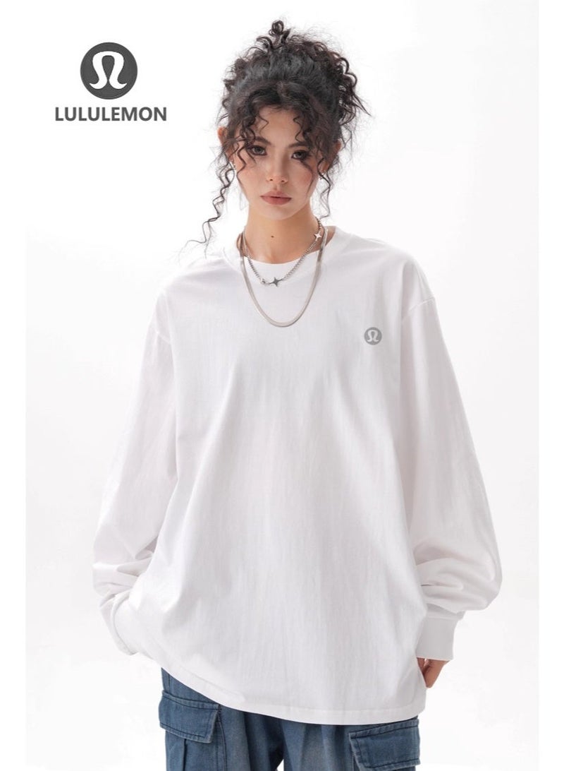 Lululemon white long sleeved loose T-shirt top, unisex casual sportswear, suitable for daily use and fitness, 240G100% pure cotton - Image 2