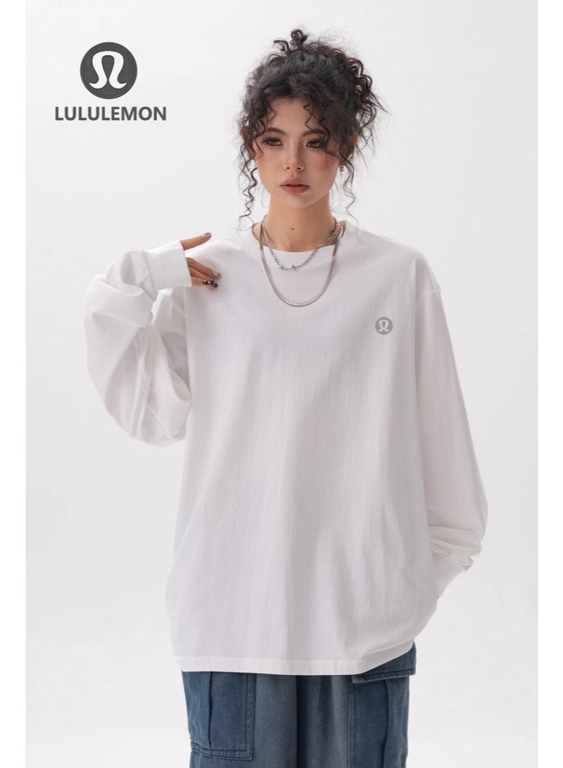 Lululemon white long sleeved loose T-shirt top, unisex casual sportswear, suitable for daily use and fitness, 240G100% pure cotton - Image 5