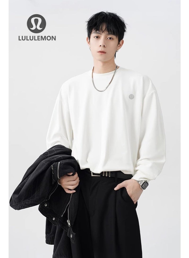 Lululemon white long sleeved loose T-shirt top, unisex casual sportswear, suitable for daily use and fitness, 240G100% pure cotton - Image 3