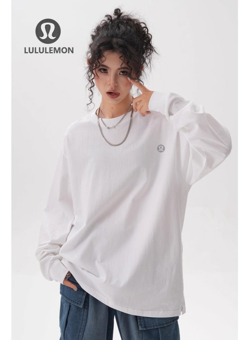 Lululemon white long sleeved loose T-shirt top, unisex casual sportswear, suitable for daily use and fitness, 240G100% pure cotton - Image 1