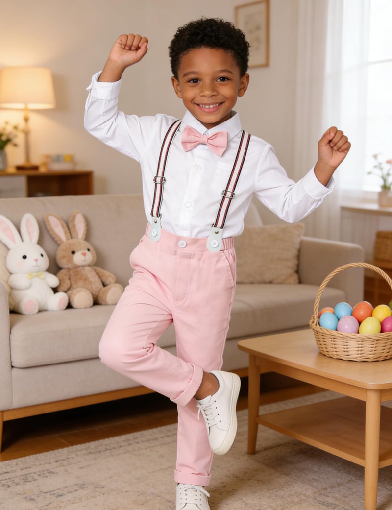 A&J DESIGN Easter Outfit Toddler Boy Baby Gentleman Suspender Formal Wedding Dress Valentine Suit Pink 3-4T - Image 3