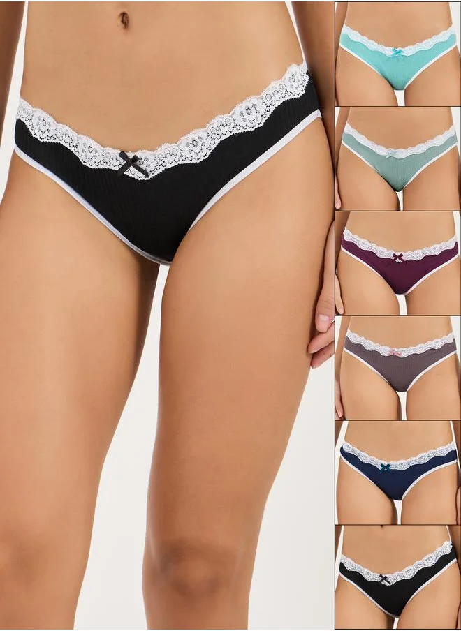 Styli Pack of 6 - Contrast Lace & Bow Trim Cotton Bikini Brief