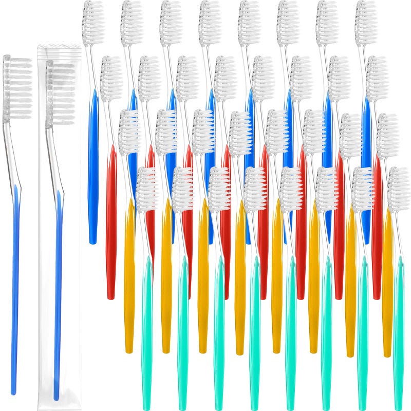 Disposable Toothbrushes Individually Wrapped Toothbrushes Medium Soft Bristle Tooth Brush Manual Disposable Travel Toothbrush Set for Adults Kids Travel Toiletries 4 Colors 200 Pieces
