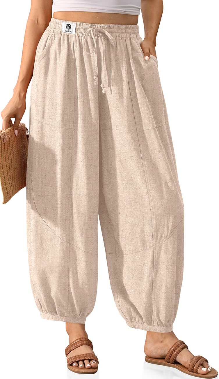 TARSE Womens Linen Barrel Harem Pants Casual Wide Leg Baggy Drawstring Boho Summer Beach Palazzo Travel Pants(LightKhaki, L) - Image 1