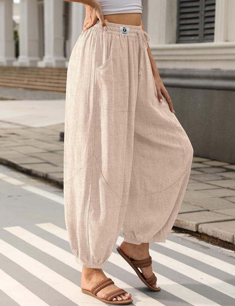 TARSE Womens Linen Barrel Harem Pants Casual Wide Leg Baggy Drawstring Boho Summer Beach Palazzo Travel Pants(LightKhaki, L) - Image 4