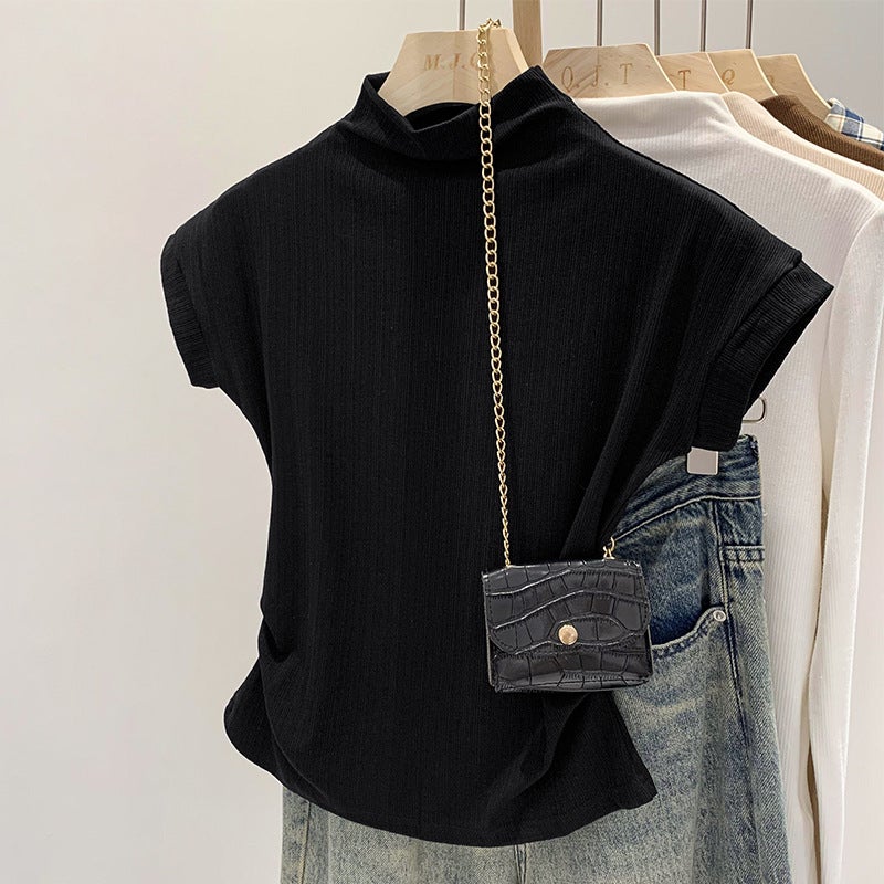 Girls Half High Collar Waist Shoulder Short Sleeve T-Shirt Women'S 2024 Niche Chic Inside - Image 1