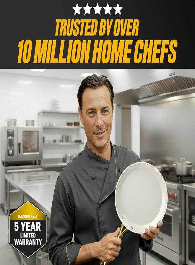 جوثام ستيل مقلاة جوثام ستيل غير لاصقة مقاس 12 بوصة، مصنوعة من السيراميك المقوى بالألماس، آمنة للغسل في غسالة الأطباق، لون أبيض كريمي، خالية من حمض البيرفلوروكتانويك (PFOA). - Image 4