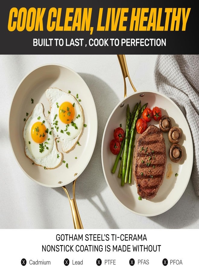 جوثام ستيل مقلاة جوثام ستيل غير لاصقة مقاس 12 بوصة، مصنوعة من السيراميك المقوى بالألماس، آمنة للغسل في غسالة الأطباق، لون أبيض كريمي، خالية من حمض البيرفلوروكتانويك (PFOA). - Image 3