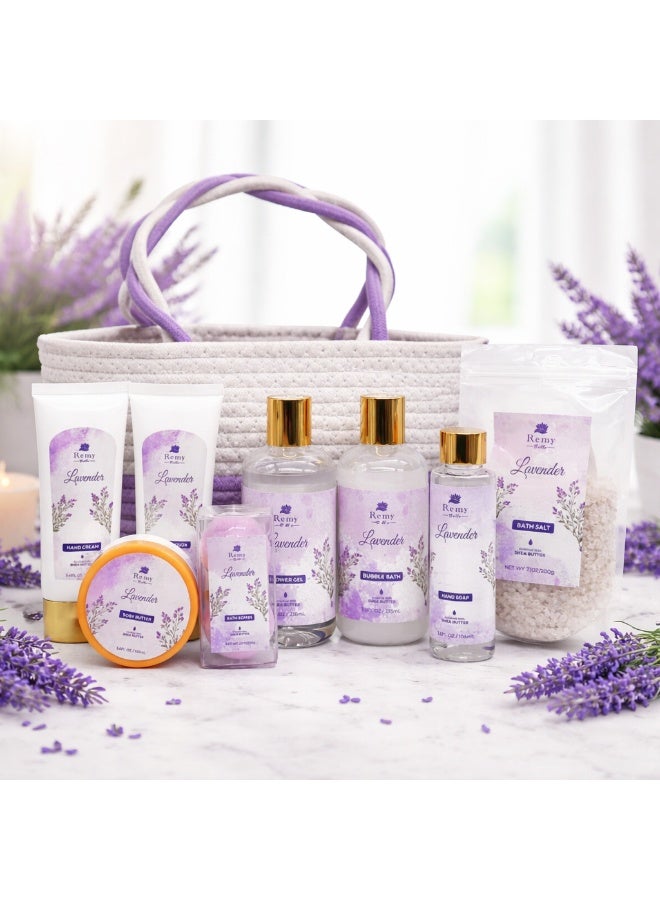 Remy Belle Spa Lavender Set Gift Baskets for Women, Premium 10pc Gift Baskets, Best Holiday Gift Set for Mother - Deluxe Spa Tote Bag with Handle, Bath Salt, Hand Soap, Shower Gel and More! - Image 1