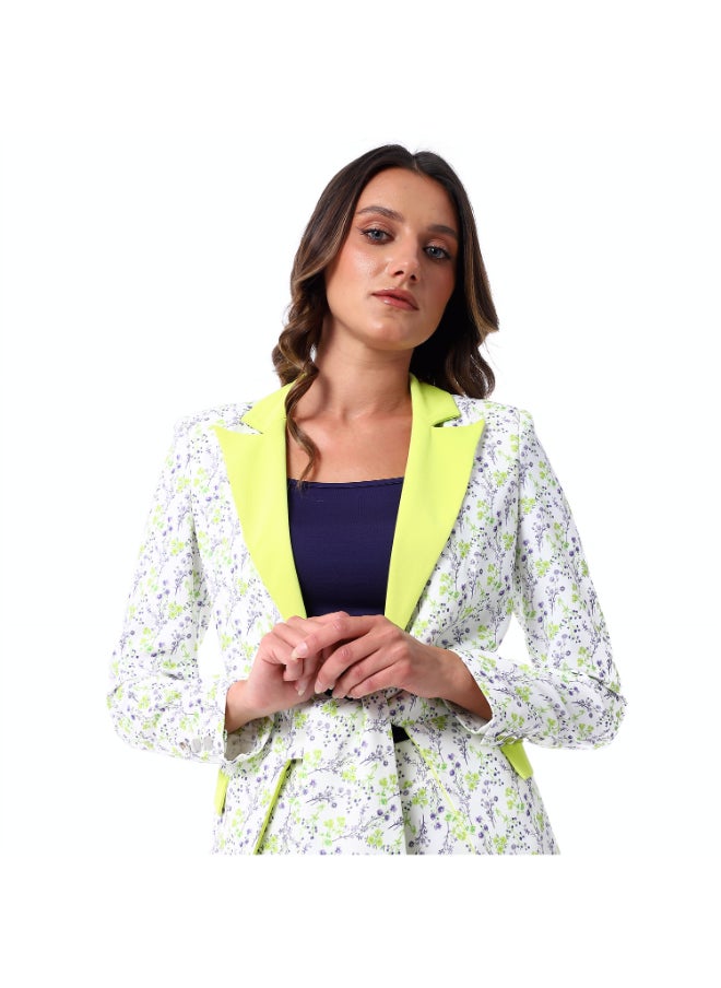 Esla Floral Pattern Long Sleeves Peaked Lapelled Neck Summery White & Lime Green Blazer  - Image 1
