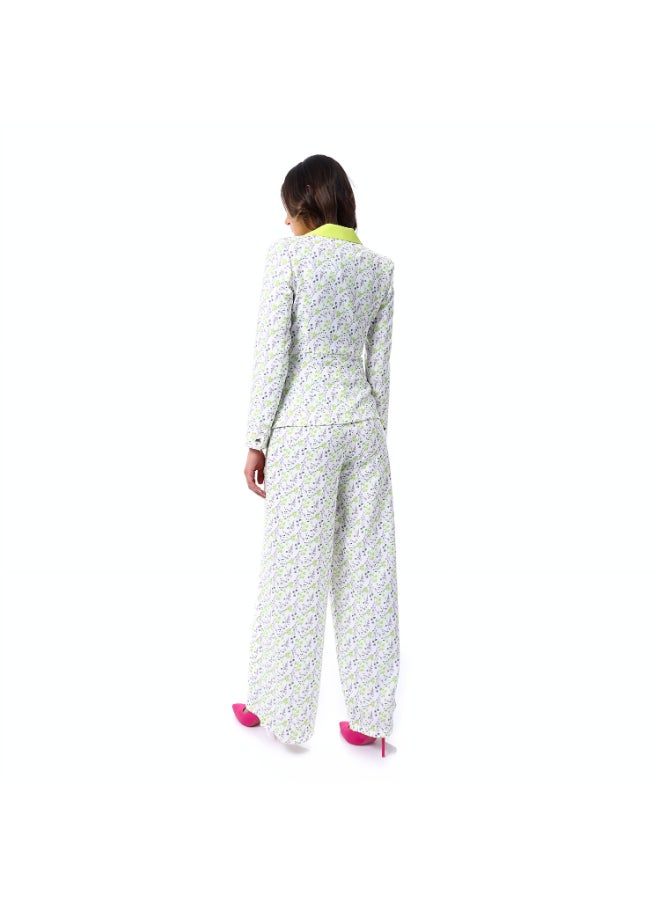 Esla Floral Pattern Long Sleeves Peaked Lapelled Neck Summery White & Lime Green Blazer  - Image 2