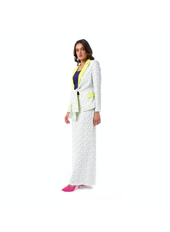 Esla Floral Pattern Long Sleeves Peaked Lapelled Neck Summery White & Lime Green Blazer  - Image 3