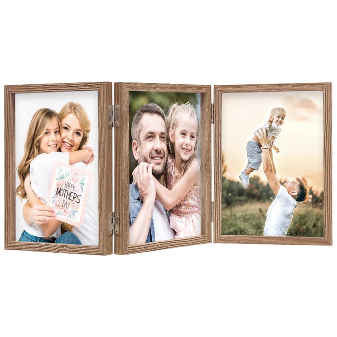 3 PICTURE FRAME 5X7 TRIPLE HINGED MDF WOOD GRAIN WITH GLASS FRONT THREE OPENING PHOTO FRAME STAND VERTICAL ON TABLETOP