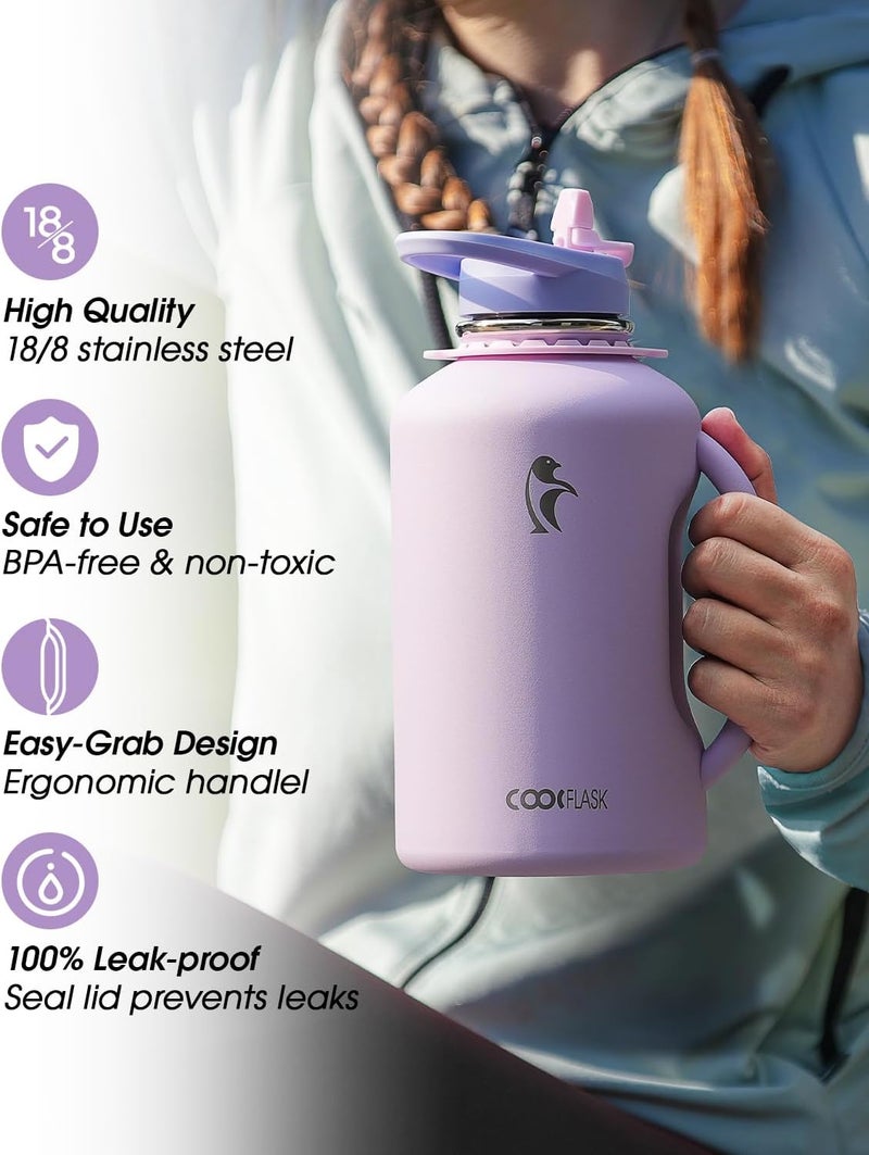 Coolflask 1900ml Water Bottle with Straw, 64 oz Insulated Stainless Steel Water Jug With Handle Metal Double-Walled Vacuum Large Flask With Strap Leakproof, Keep Cold 48 Hrs Hot 24hrs, Lavender - Image 5