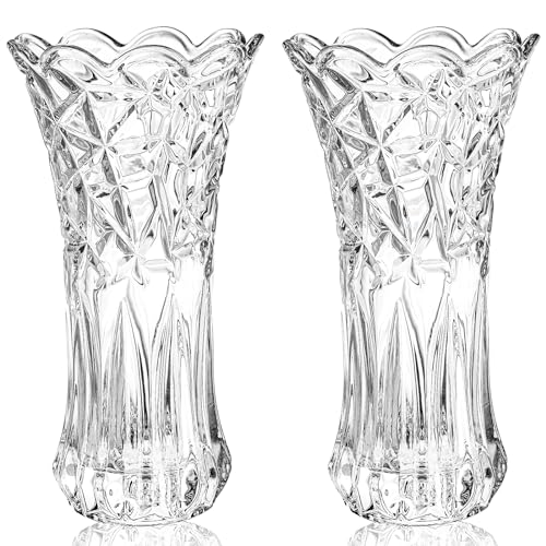 Dicunoy Set of 2 Glass Flower Vase 95 Large Clear Flower Vases for Centerpieces Modern Crystal Rose Vase Heavy Duty Tall Cylinder Flared Vase with Heavy Base for Home Living Room Office