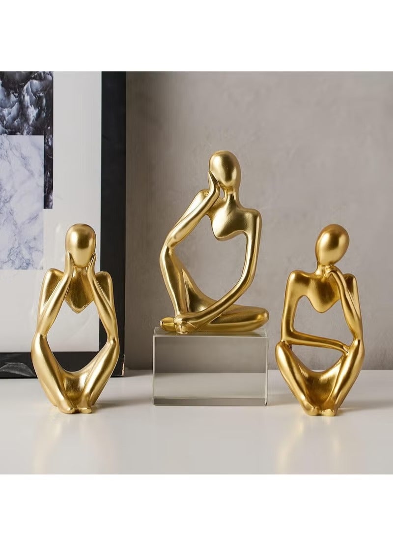 Home Office Figurines Decor - Gold Decor Thinker Statue Abstract Art Sculpture, Set Of 3, Gold - Image 2